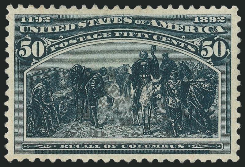 50c Columbian (240).> Original gum, lightly hinged, intense shade and impression, unusually choice centering with wide margins, Extremely Fine Gem, with 2010 P.S.E. certificate (OGph, XF-Superb 95 SMQ
$1,100.00)