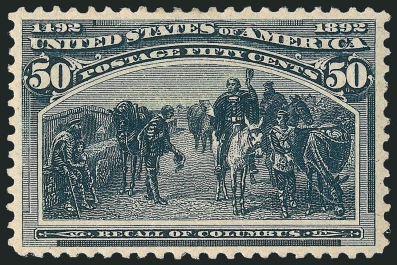 50c Columbian (240).> Original gum, long thin hinge mark at top and smaller mark just below, crisp impression on bright paper, choice centering, Extremely Fine, with 2010 P.S.E. certificate (OGh, XF 90 SMQ
$800.00)