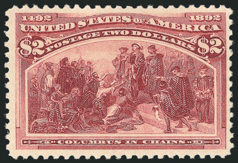 $2.00 Columbian (242).> Mint N.H., deep rich color and sharp proof-like impression, wide margins<><>^VERY FINE AND CHOICE. A BEAUTIFUL MINT NEVER-HINGED EXAMPLE OF THE $2.00 COLUMBIAN.^<><>Ex Odeneal. With
1993 P.S.E. and 1999 and 2007 P.F. certi
