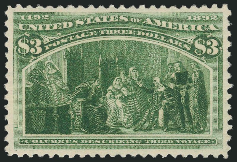 $3.00 Columbian (243).> Original gum, deep rich color on bright paper, choice centering with wide and balanced margins<><>^EXTREMELY FINE. A BEAUTIFUL ORIGINAL-GUM EXAMPLE OF THE $3.00 COLUMBIAN.^<><>With 2007
P.S.E. certificate (XF 90 SMQ $2,80