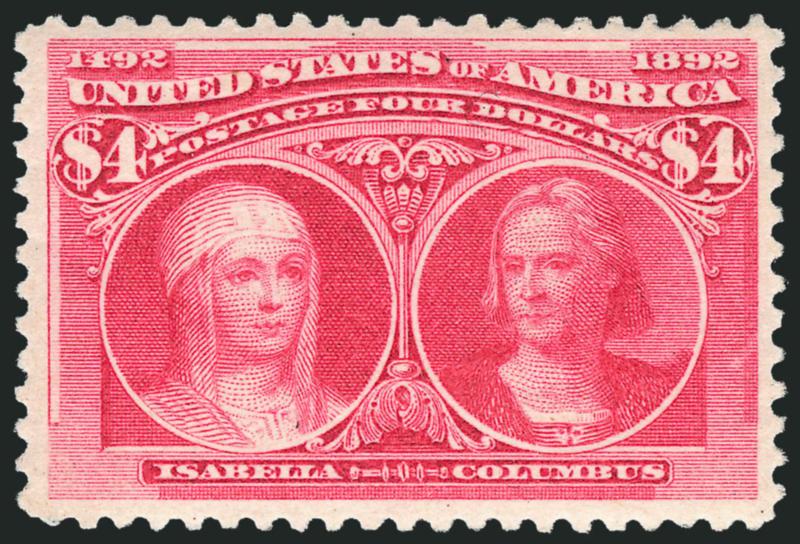 $4.00 Columbian (244).> Mint N.H., warm shade on fresh paper, ample to wide margins, small natural gum bend at top<><>^VERY FINE. A LOVELY MINT NEVER-HINGED EXAMPLE OF THE $4.00 COLUMBIAN ISSUE.^<><>With 1997
P.F. certificate