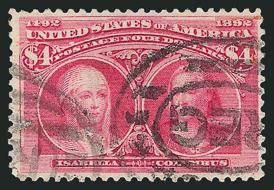 $4.00 Rose Carmine, Columbian (244a).> Vivid color, bold oval registry cancel, couple tiny thin specks, Very Fine appearance