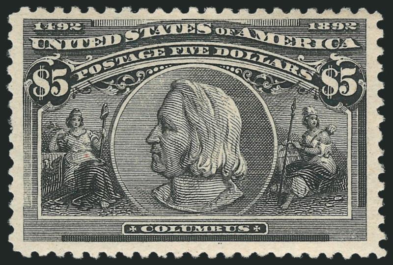 $5.00 Columbian (245).> Original gum, small h.r., huge margins and intense shade, reperfed, appears Extremely Fine, with 1975 P.F. certificate as sound