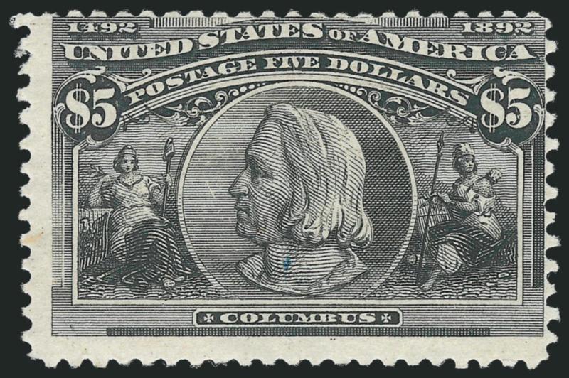 $5.00 Columbian (245).> Original gum, lightly hinged, fresh, intense shade, centered top and right, few perfs ever so slightly in, Very Good, with 2009 P.S.E. certificate