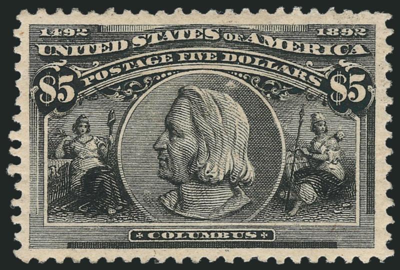 $5.00 Columbian (245).> Unused (regummed), detailed impression, wide beautifully balanced margins, couple tiny surface scrapes in background of vignette of little consequence, Extremely Fine appearance, with
2003 P.F. certificate