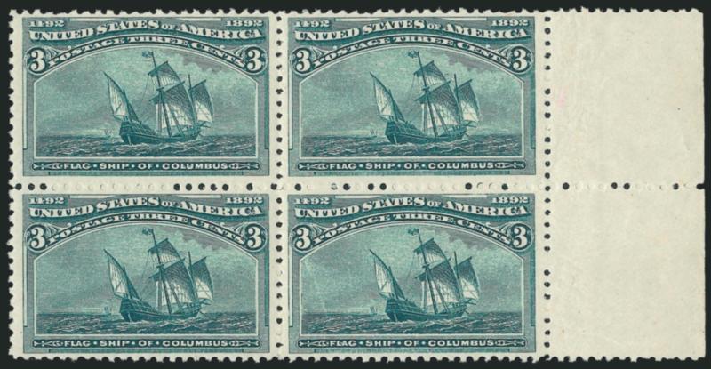 1c-3c Columbian (230-232).> Mint N.H. blocks of four, 3c with right selvage, fresh and Fine-Very Fine