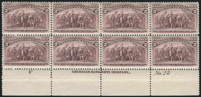 2c Columbian (231).> Bottom left imprint, plate no. 28 and letter F block of eight, original gum, lightly hinged on the top center pair, fresh and Fine-Very Fine