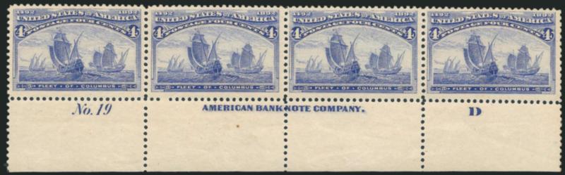 4c Columbian (233).> Mint N.H. bottom imprint, plate no. 19 and letter D strip of four, bright color on fresh paper, Fine-Very Fine, Scott Retail as four Mint N.H. singles