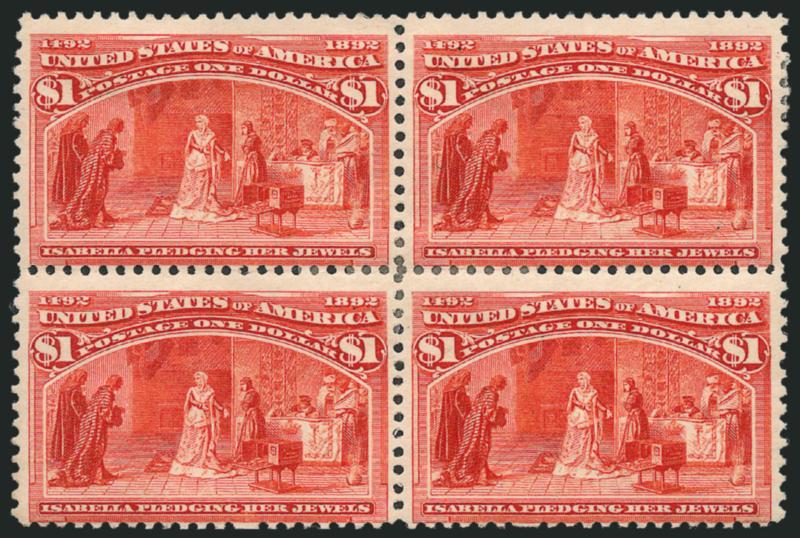$1.00 Columbian (241).> Block of four, original gum, h.r. at junction of four stamps and at top, bright color, couple thin specks in bottom right stamp, otherwise Fine block of the $1.00 Columbian