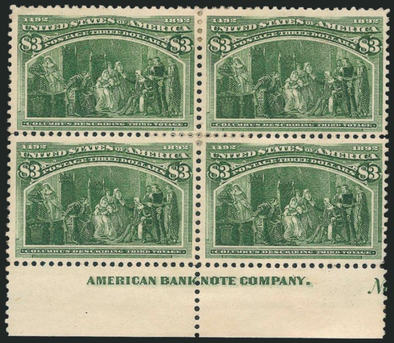$3.00 Columbian (243).> Block of four with <bottom full imprint and N of plate no.>, part disturbed original gum, rich color and wide margins, small thin spot in selvage below N<><>^VERY FINE. A RARE IMPRINT
BLOCK OF THE $3.00 COLUMBIAN ISSUE.^