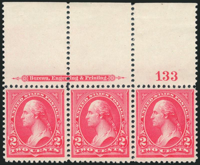 2c Carmine, Ty. II (251).> Mint N.H. top imprint and plate no. 133 strip of three with wide selvage, radiant color as fresh as the day it was printed<><>^VERY FINE AND CHOICE. A BEAUTIFUL MINT NEVER-HINGED
IMPRINT AND PLATE NUMBER STRIP OF THREE OF