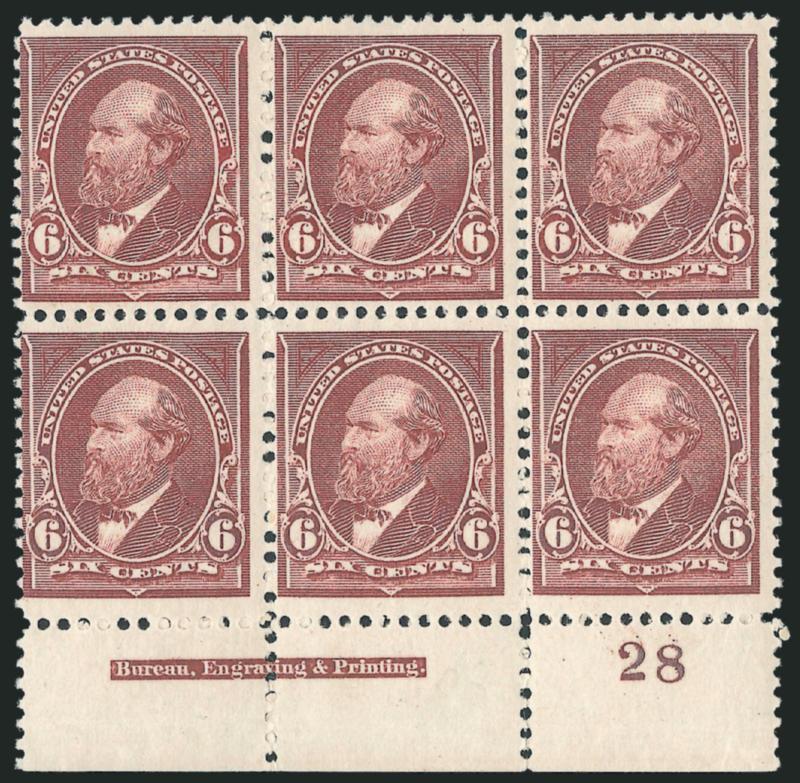 6c Dull Brown (256).> Bottom imprint and plate no. 28 block of six, original gum, rich color and clean impression, separation and natural gum crease, otherwise about Fine