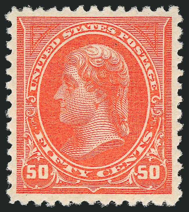 50c Orange (260).> Mint N.H., exceptionally wide margins and choice centering, blazing orange color without any hint of oxidation<><>^EXTREMELY FINE. A SPECTACULARLY FRESH MINT NEVER-HINGED EXAMPLE OF THE 1894
50-CENT UNWATERMARKED BUREAU ISSUE.^<