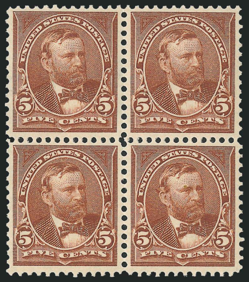4c Dark Brown, 5c Chocolate (269-270).> Blocks of four, original gum, barely hinged, three 4c Mint N.H., nicely centered, fresh and bright, Fine-Very Fine