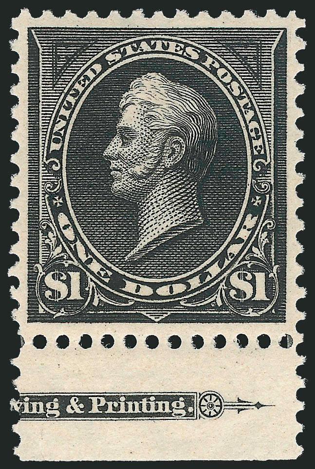 $1.00 Black, Ty. II (276A).> Mint N.H. with <part imprint selvage at bottom,> intense shade and proof-like impression, gorgeous centering with wide and balanced margins, long and full
perforations<><>^EXTREMELY FINE GEM. THE 1895 $1.00 TYPE II WATE