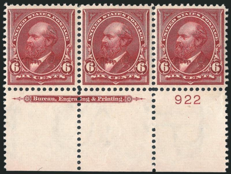 6c Lake (282).> Mint N.H. wide bottom imprint and plate no. 922 strip of three, bright and crisp, lovely color, beautifully centered, Very Fine-Extremely Fine, with 2010 P.S.E. certificate