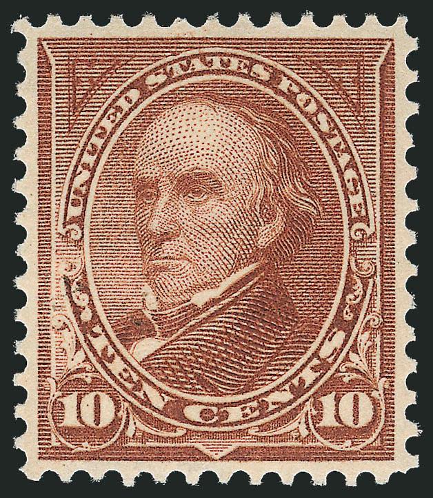 10c Brown, Ty. I (282C).> Original gum, single hinge mark, rich color and proof-like impression, unusually choice centering with balanced margins, Extremely Fine Gem, with 2010 P.S.E. certificate (OGph,
XF-Superb 95 SMQ $720.00)