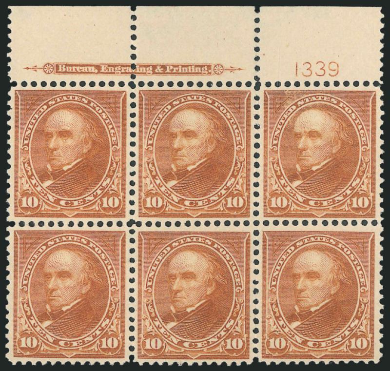 10c Orange Brown, Ty. II (283).> Top imprint and plate no. 1339 block of six, unused (no gum), bright color and Extremely Fine, last sold 12 years ago in Sale 818, and still the only plate block of Scott 283
we have offered since keeping computerized
