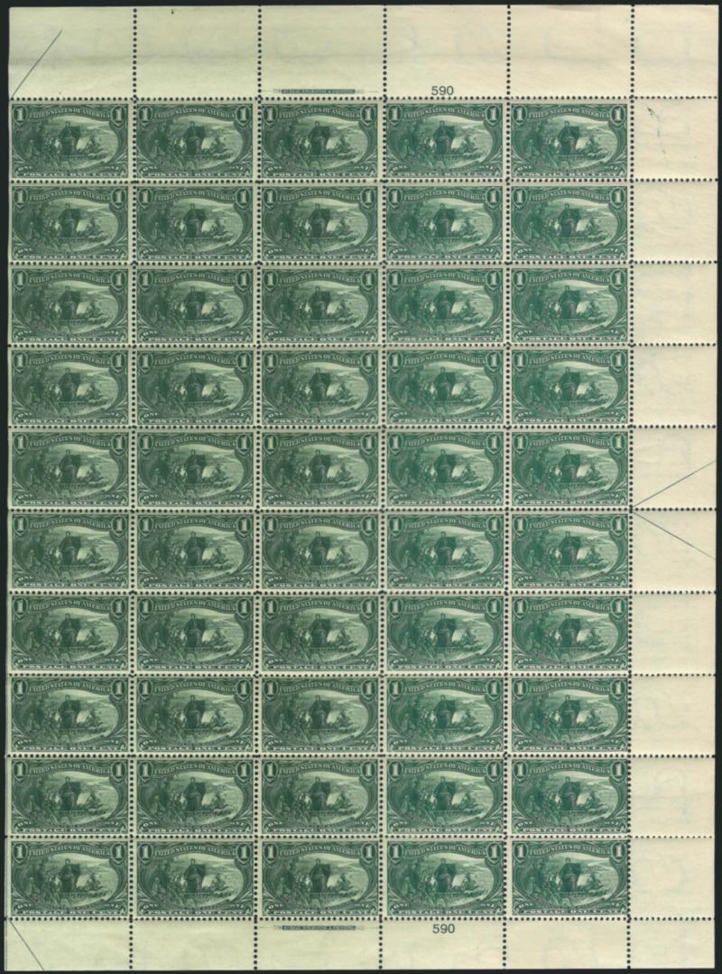 1c Trans-Mississippi (285).> Mint N.H. pane of 50 with imprint and plate no. 590 at top and bottom and natural s.e. at left, deep rich color, generally nice centering, top three rows split from rest of pane,
still fresh and Fine-Very Fine, an attract