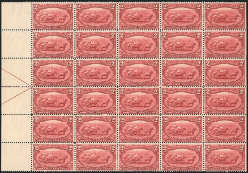 2c Trans-Mississippi (286).> Left arrow block of 30, natural s.e. at right, original gum, few Mint N.H., some stamps glazed original gum, brilliant color, Fine and impressive multiple, Scott Retail as hinged
arrow block, hinged blocks of four and hin