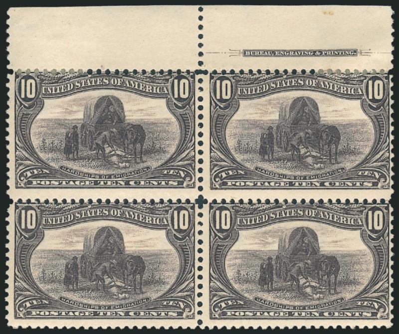 1c-10c Trans-Mississippi (285-290).> Blocks of four, 1c unused (no gum), a few stamps Mint N.H., otherwise generally with h.r., 5c and 10c with top imprint selvage (5c narrow), bright colors, perf separations
and a small flaw or two, overall Fine