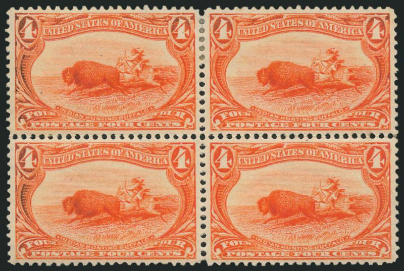 4c Trans-Mississippi (287).> Block of four, top pair h.r., bottom pair Mint N.H., essentially perfectly centered, very slight oxidation on three, top right minor natural wrinkle, otherwise Extremely Fine,
handsome multiple despite the trivial oxidati