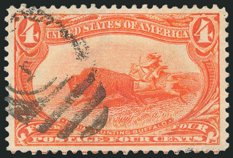 4c Trans-Mississippi (287).> Vibrant color as fresh as the day it was printed, gorgeous centering with wide and balanced margins, neat strike of duplex cancel, Extremely Fine Gem, with 2010 P.S.E. certificate
(XF-Superb 95 SMQ $395.00)