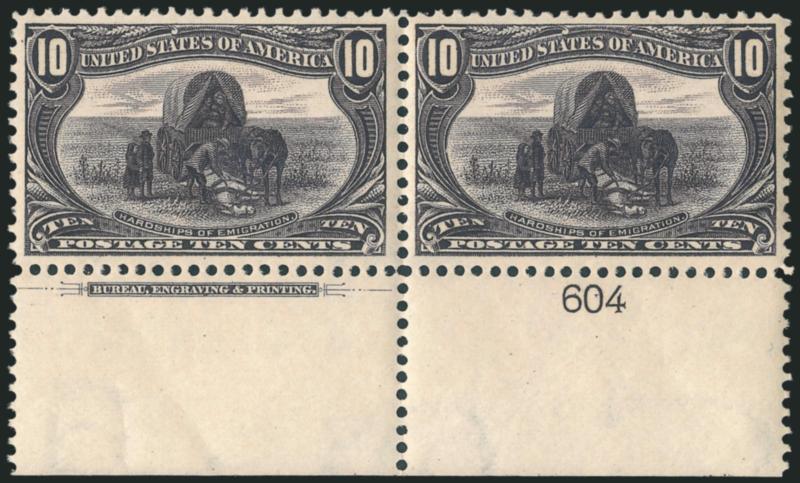 10c Trans-Mississippi (290).> Bottom imprint and plate no. 604 pair, original gum, lightly hinged, deep shade, well-centered with wide margins, Extremely Fine