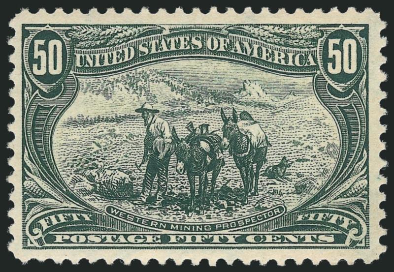 50c Trans-Mississippi (291).> Mint N.H., bright shade, detailed impression, three Jumbo margins, Very Fine and choice, with 2011 P.S.E. certificate (VF-XF 85 Jumbo SMQ $3,100.00 as 85, $5,650.00 as 90)