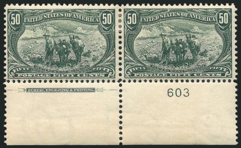 50c Trans-Mississippi (291).> Bottom imprint and plate no. 603 pair, original gum, single h.r., rich color, Very Fine