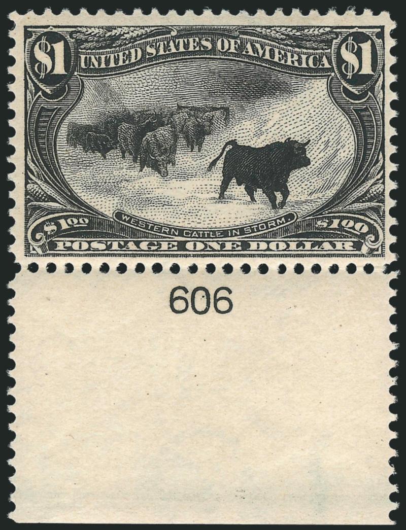 $1.00 Trans-Mississippi (292).> Mint N.H. with <wide plate no. 606 selvage> at bottom, intense shade and impression<><>^VERY FINE MINT NEVER-HINED PLATE NUMBER SINGLE OF THE $1.00 TRANS-MISSISSIPPI
ISSUE.^<><>With 2010 P.S.E. certificate