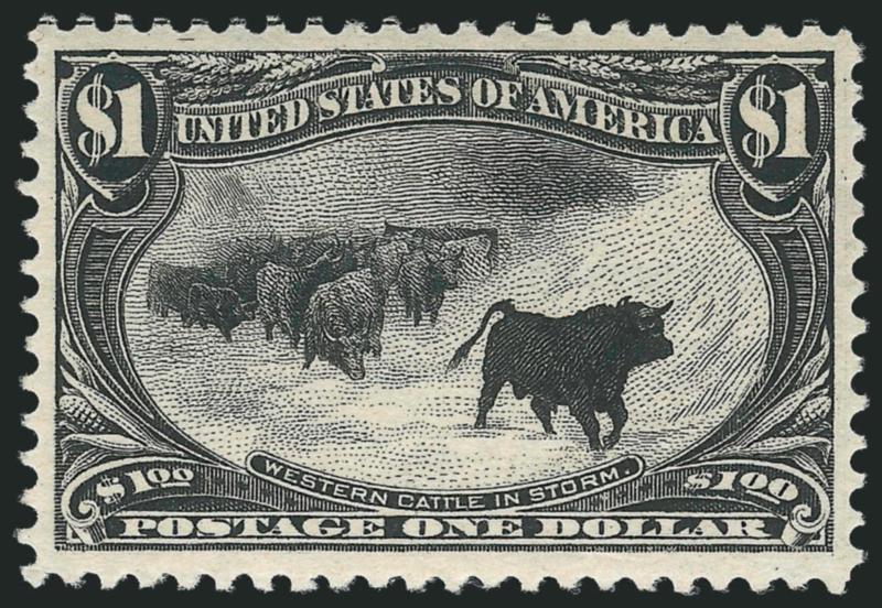 $1.00 Trans-Mississippi (292).> Mint N.H., detailed impression, wide margins<><>^VERY FINE AND CHOICE MINT NEVER-HINGED EXAMPLE OF THE $1.00 TRANS-MISSISSIPPI ISSUE.^<><>With 2011 P.S.E. certificate (VF-XF 85
SMQ $5,150.00)