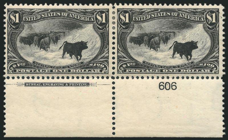 $1.00 Trans-Mississippi (292).> Bottom <imprint and plate no. 606> horizontal pair, original gum, single h.r., deep shade and proof-like impression, wide margins and nicely centered, single tiny filament
adhered to paper under right $1 of right sta