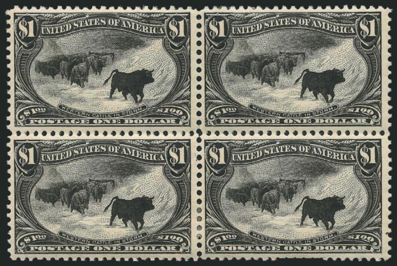 $1.00 Trans-Mississippi (292).> Block of four, original gum, bottom pair h.r., intense shade and detailed impression, right two stamps each with tiny thin speck<><>^VERY FINE-EXTREMELY FINE APPEARING
ORIGINAL-GUM BLOCK OF FOUR OF THE $1.00 TRANS-MI