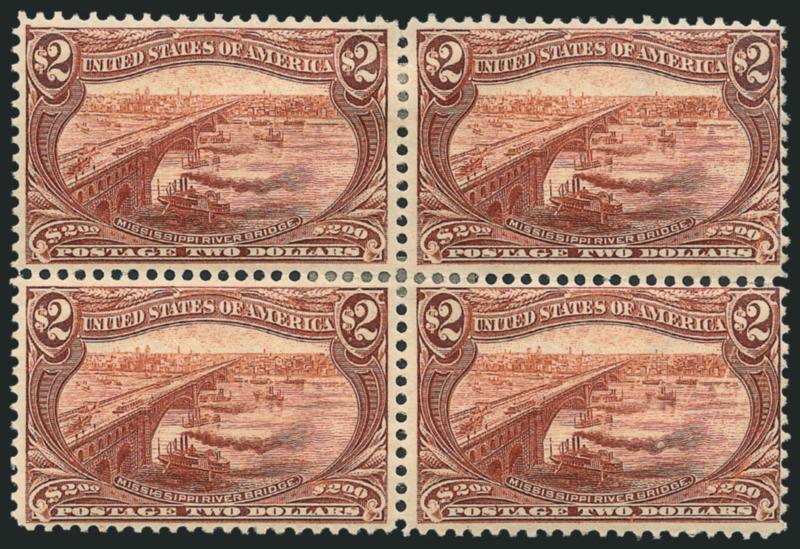 $2.00 Trans-Mississippi (293).> Block of four, original gum, h.r., lovely bright color, nicely centered for this challenging issue, almost imperceptible natural light paper wrinkle top right
stamp<><>^FINE-VERY FINE BLOCK OF THE $2.00 TRANS-MISSISS