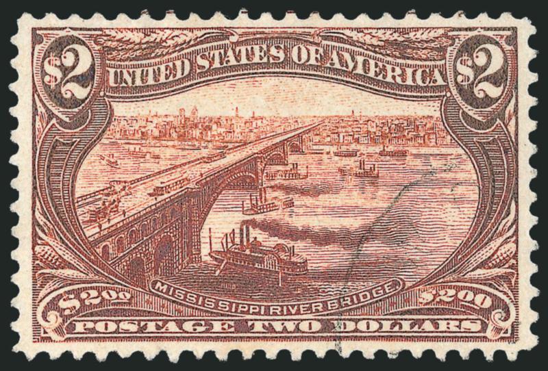 $2.00 Trans-Mississippi (293).> Brilliant color and precisely balanced margins, light strike of just the rim and two letters of a circular datestamp, trace of guideline at top<><>^EXTREMELY FINE GEM. A SUPERB
USED EXAMPLE OF THE $2.00 TRANS-MISSISS
