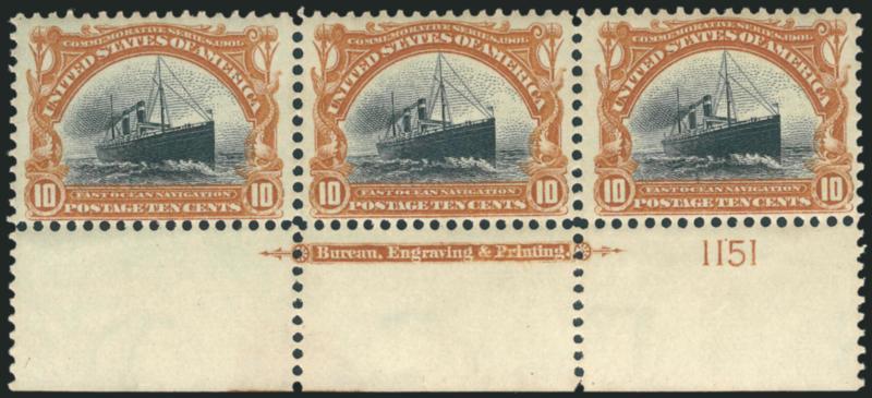 1c-10c Pan-American (294-299).> Complete set in imprint and plate no. strips of three, four strips of 1c, three of 2c and one each of 4c-10c, 8c Mint N.H., others generally only the center stamp hinged, fresh
colors, Fine-Very Fine