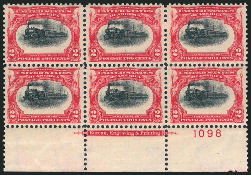 2c Pan-American (295).> Mint N.H. bottom imprint and plate no. 1098 block of six, intense colors, vignettes shifted slightly upwards, bottom right stamp natural gum crease, Extremely Fine
