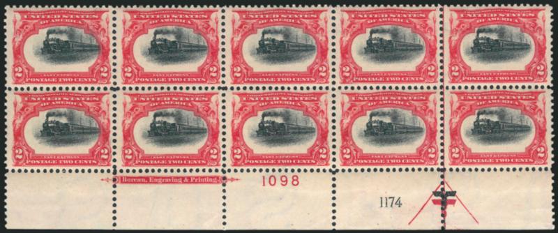 2c Pan-American (295).> Mint N.H. bottom imprint and double plate no. block of ten, deep rich colors, detailed impressions, gorgeous centering throughout, Extremely Fine, a beautiful Mint N.H. bottom double
plate no. block