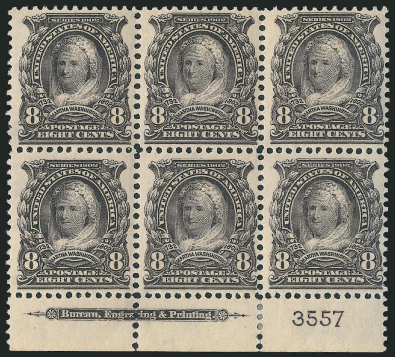 8c Violet Black (306).> Bottom imprint and plate no. 3557 block of six, small selvage reinforcement, stamps Mint N.H., Fine-Very Fine