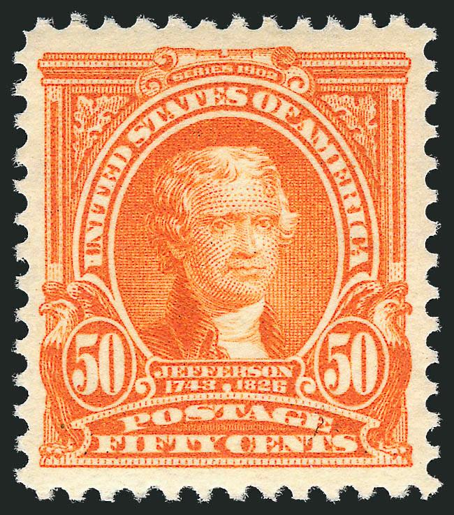 50c Orange (310).> Mint N.H., brilliant color as fresh as the day it was printed, wide margins<><>^EXTREMELY FINE MINT NEVER-HINGED EXAMPLE OF THE 50-CENT 1902 ISSUE.^<><>With 2011 P.S.E. certificate (XF 90
SMQ $2,500.00)