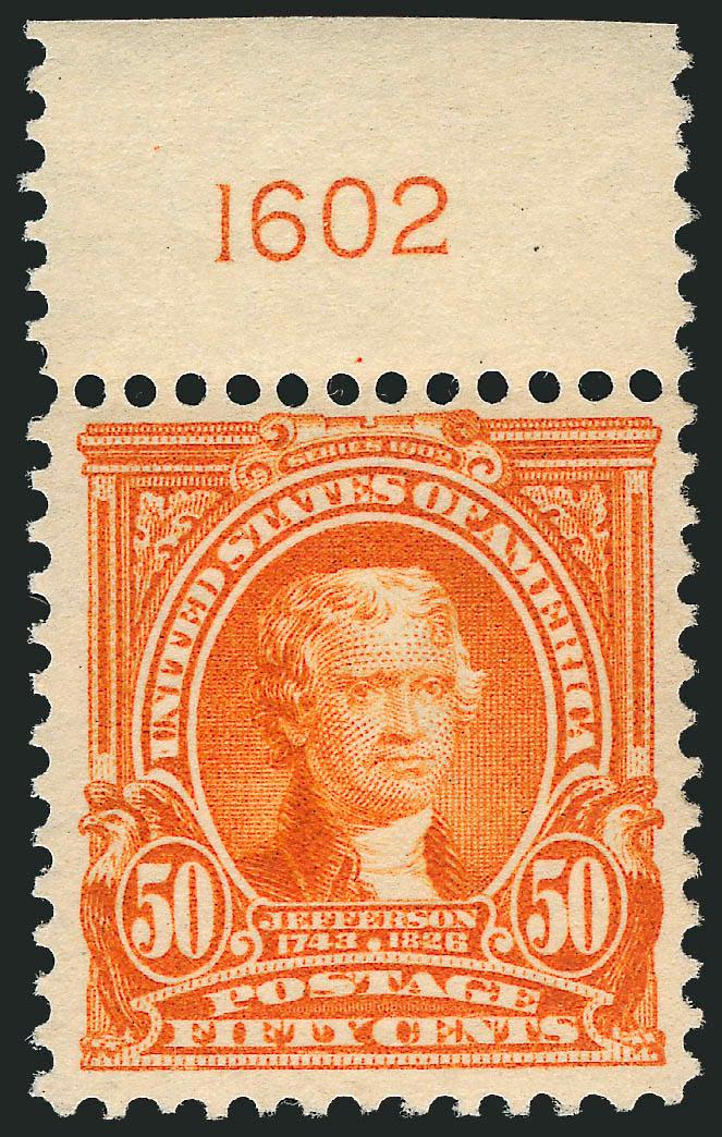 50c Orange (310).> Mint N.H. with <plate no. 1602> at top, vibrant color, Very Fine and choice, a stamp of remarkable beauty, with copy of 1993 P.F. certificate for strip of three