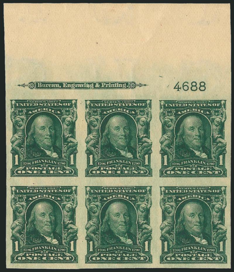 1c Blue Green, 2c Carmine, Imperforate (314, 320).> Mint N.H. imprint and plate no. blocks of six, wide to huge margins, Extremely Fine