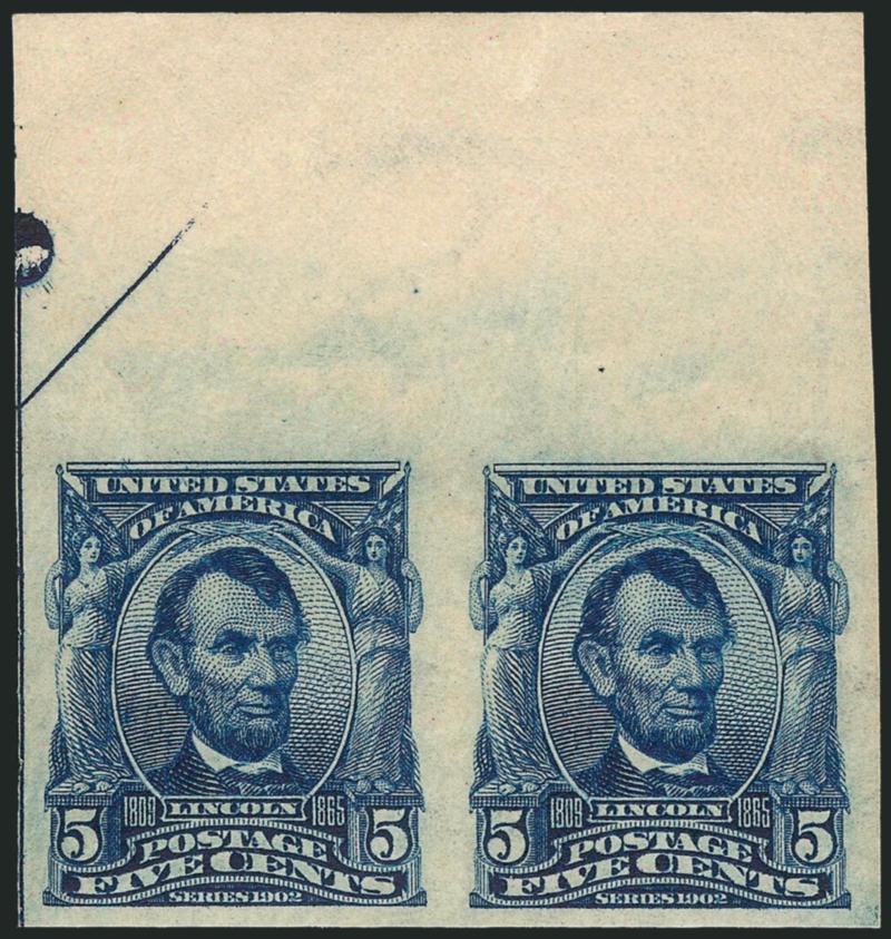 5c Blue, Imperforate (315).> Mint N.H. pair, huge margins incl. <top sheet margin with part arrow,> intense shade and impression, naturally short gum at top not mentioned on accompanying certificate, fresh and
Extremely Fine, with 1999 P.F. certifica