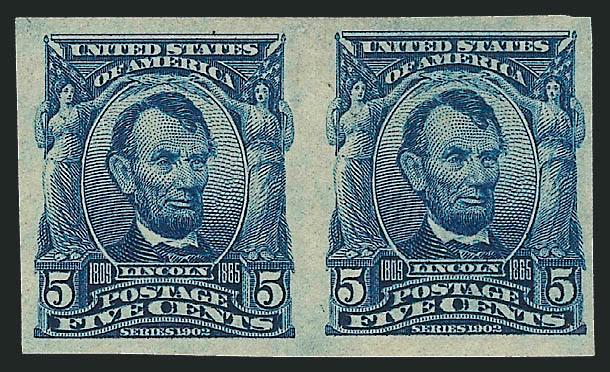 5c Blue, Imperforate (315).> Horizontal pair, lightly hinged with large margins, rich color, Extremely Fine