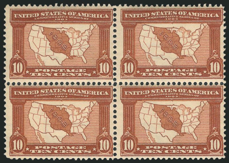1c-10c Louisiana Purchase (323-327).> Blocks of four incl. extra Mint N.H. 1c in a different shade, 10c barely hinged, two stamps in 2c and 5c blocks Mint N.H., 1c, 3c and 5c h.r., fresh colors and attractive
centering, Fine-Very Fine