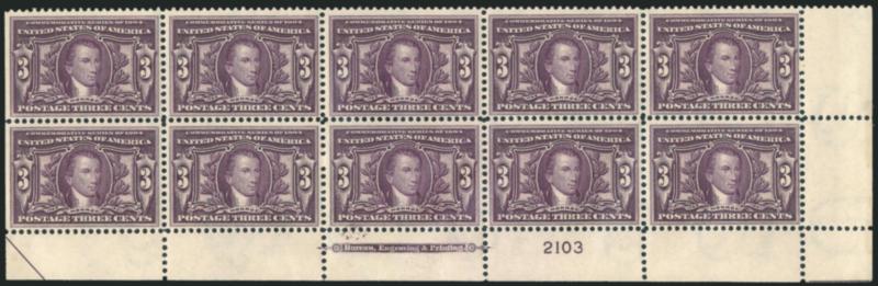 3c Louisiana Purchase (325).> Mint N.H. bottom right corner imprint, plate no. 2103 and half-arrow block of ten, very minor extraneous printing ink at bottom of pos. 8 and in selvage beneath, Fine-Very
Fine