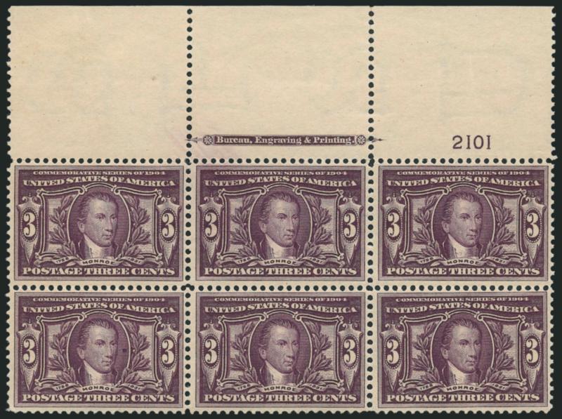 3c Louisiana Purchase (325).> Huge top imprint and plate no. 2101 block of six, top three hinged, bottom three Mint N.H., rich color, Fine, with 2009 P.F. certificate
