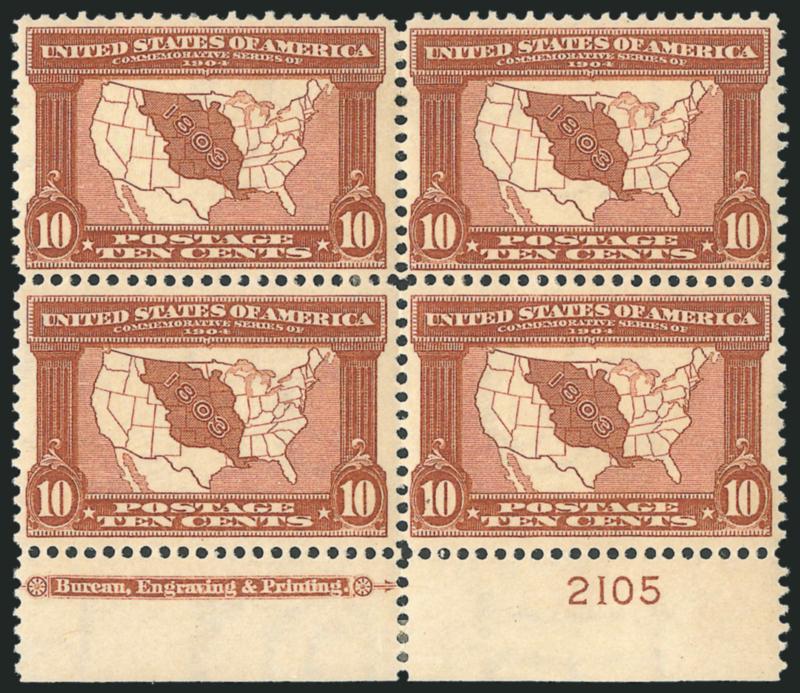 10c Louisiana Purchase (327).> Bottom imprint and plate no. 2105 block of four, small h.r. in selvage, slight gum disturbance in top pair from hinge removal, overall Fine