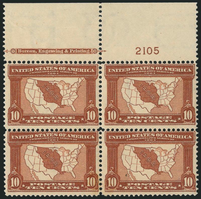 10c Louisiana Purchase (327).> Wide top imprint and plate no. 2105 block of four, slight gum disturbance from hinge removal, Fine
